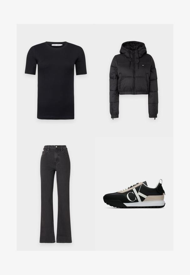 Juodas trumpas pūkinis džemperis su gobtuvu, su priekine užtrauktuku, dviem šoninėmis kišenėmis ir elastingu apačiu. Lygi tekstūra su minimaliu ženklinimu.; Juoda trumpomis rankovėmis marškinėliai, pagaminti iš minkštos medvilnės. Turi apvalią iškirptę ir paprastą, be siūlių dizainą.; Juodi aukštu liemeniu platėjantys džinsai, pagaminti iš džinsinio audinio, su mygtuko uždarymu, diržo kilpomis ir šoninėmis kišenėmis. Lygus paviršius su minimaliais išblukimais.; Juodos sportinės bateliai su smėlio spalvos zomšiniu akcentu, balta logo, guminis padas ir raišteliai. Yra tvirta viršutinė dalis ir kilpos užtraukimui ant kulno.