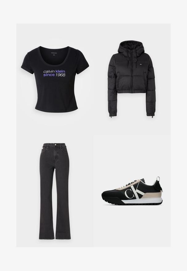 Juodas trumpas pūkinis džemperis su gobtuvu, su priekine užtrauktuku, dviem šoninėmis kišenėmis ir elastingu apačiu. Lygi tekstūra su minimaliu ženklinimu.; Juodas medvilnės marškinėliai su prigludusiu dizainu, apvalia iškirpte, trumpomis rankovėmis ir balta bei purpurine užrašu "calvin klein since 1968."; Juodi aukštu liemeniu platėjantys džinsai, pagaminti iš džinsinio audinio, su mygtuko uždarymu, diržo kilpomis ir šoninėmis kišenėmis. Lygus paviršius su minimaliais išblukimais.; Juodos sportinės bateliai su smėlio spalvos zomšiniu akcentu, balta logo, guminis padas ir raišteliai. Yra tvirta viršutinė dalis ir kilpos užtraukimui ant kulno.