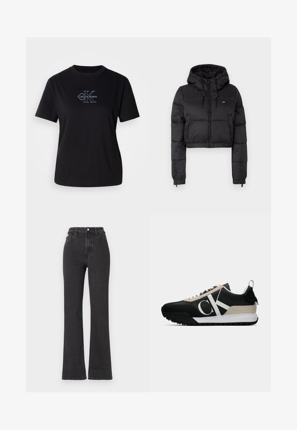 Chaqueta acolchada recortada negra con capucha, que cuenta con un cierre frontal, dos bolsillos laterales y un dobladillo elástico. Textura suave con un mínimo de marcas.; Camiseta de algodón negra con cuello redondo. Presenta un logo gráfico blanco "Calvin Klein" y "CK" estilizado en la parte frontal. Manga corta, corte relajado.; Jeans de cintura alta negros en tejido de mezclilla, con cierre de botón, presillas para cinturón y bolsillos laterales. Textura suave con un desvanecimiento mínimo.; Zapatilla negra con un acento de ante beige, logo blanco, suela de goma y cordones. Presenta un upper duradero y un tirador en el talón.
