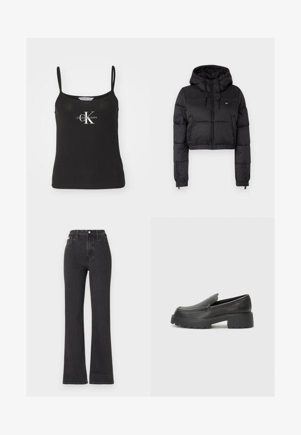 Must musta puffer jakk, millel on kapuuts, esiküljel lukuga kinni, kahes külg taskus ja elastne alläär. Sile tekstuur, minimaalne bränding.; Musta puuvillane särk õhukeste rihmadega. Ees on valge "CK" logo ja tekst "Calvin Klein Jeans". Sile tekstuur, mugav disain.; Mustad kõrge vöökohaga laienevad teksapüksid, mis on valmistatud denimist, varustatud nööbiga kinnitamise, vöörihmade ja küljetaskutega. Sile tekstuur minimaalse pleekimisega.; Mustad nahast loafers ümarate varvastega, paksu tekstuuriga tald ja minimaalsete õmbluse detailidega. Viimistletud disain, kus pole nähtavaid paelu ega riistu.