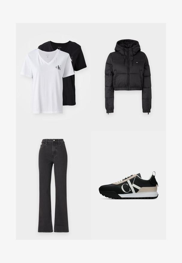 Melna saīsināta pūkainā jaka ar kapuci, ar priekšējo rāvējslēdzēju, divām sānu kabatām un elastīgu apakšmalu. Gluda tekstūra ar minimālu zīmolu.; Divi V veida kakla T-krekli: viens balts, otrs melns. Abi ir kokvilnas, ar īsām piedurknēm un mazu logotipu kreisajā krūtīs. Vienkāršs dizains.; Melnas augstā jostasvietā plati izgrieztas džinsus no denima, ar pogu aizdari, jostas cilpām un sānu kabatām. Gluda tekstūra ar minimālu izbalēšanu.; Melnas sporta kurpes ar pelēku zamša akcentu, baltu logotipu, gumijas zoli un auklām. Iespējas ietver izturīgu augšējo daļu un cilpu uz papēža.