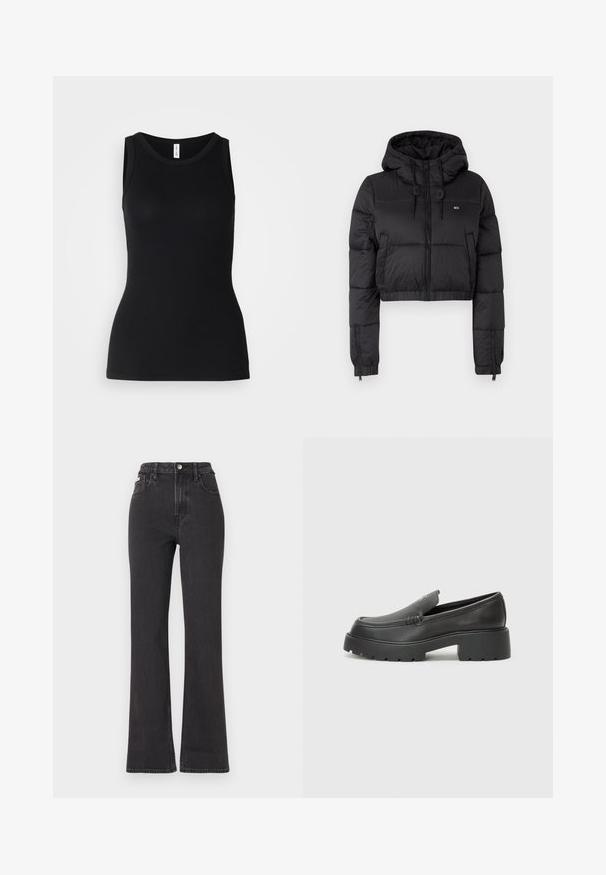 Jacheta scurtă din fâș neagră cu glugă, având un fermoar frontal, două buzunare laterale și o margine elastică. Textură netedă cu branding minim.; Top negru fără mâneci, dintr-un material ribbed, cu un decolteu rotund și un design ajustat, având o textură netedă și fără modele.; Jeans negre cu talie înaltă, evazate, din denim, cu închidere prin buton, bucle pentru curea și buzunare laterale. Textură netedă, cu decolorare minimă.; Mocasini din piele neagră, cu vârf rotunjit, talpă groasă texturată și detalii minimale de cusătură. Design elegant, fără șireturi sau accesorii vizibile.
