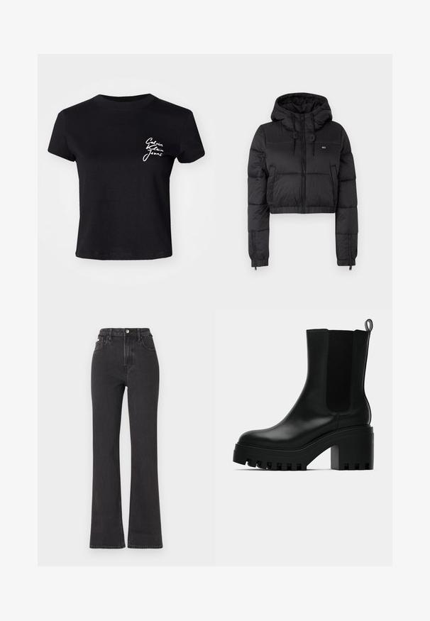 Jacheta scurtă din fâș neagră cu glugă, având un fermoar frontal, două buzunare laterale și o margine elastică. Textură netedă cu branding minim.; Tricou scurt cu mânecă din bumbac negru, având un text cu logo alb "Calvin Klein Jeans" pe zona din stânga a pieptului. Guler rotund, croi casual.; Jeans negre cu talie înaltă, evazate, din denim, cu închidere prin buton, bucle pentru curea și buzunare laterale. Textură netedă, cu decolorare minimă.; Cizmă neagră din piele, cu vârful rotund, talpă platformă robustă și accente laterale din plasă. Dispune de o bandă de tragere pentru a fi ușor de încălțat.
