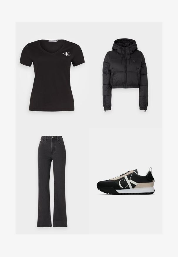 Fekete, rövidített puffertakaró kabát kapucnival, elülső cipzárral, két oldalsó zsebbel és elasztikus aljjal. Sima textúra, minimális márkázással.; Fekete pamut rövid ujjú póló V-kivágással és fehér Calvin Klein Jeans logóval a bal mellen. Puha, sima textúra.; Fekete, magas derekú, trapéz fazonú farmernadrág, gombos záródással, övrésszel és oldalsó zsebekkel. Sima textúrájú, minimális kopással.; Fekete sportcipő bézs velúr kiegészítővel, fehér logóval, gumitalppal és fűzőkkel. Tartós felsőrésszel és húzófüllel rendelkezik a sarkán.