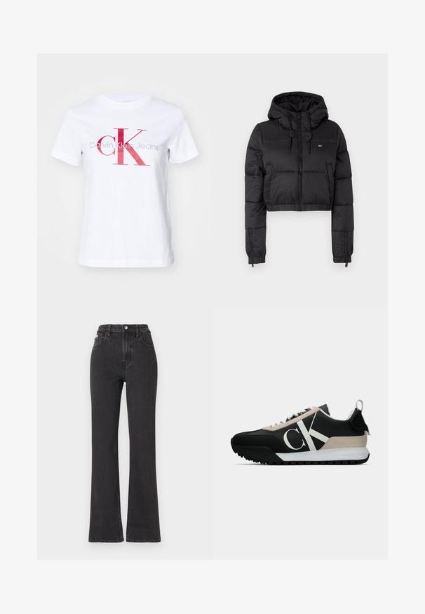Schwarze, croppte Daunenjacke mit Kapuze, ausgestattet mit einem Frontreißverschluss, zwei Seitentaschen und einem elastischen Saum. Glatte Textur mit minimalem Branding.; Weißes Baumwoll-T-Shirt mit einem großen roten und grauen "CK"-Logo und dem Schriftzug "Calvin Klein Jeans" darunter, kurzen Ärmeln und Rundhalsausschnitt.; Schwarze, hochgeschnittene Schlagjeans aus Denim mit Knopfverschluss, Gürtelschlaufen und seitlichen Taschen. Glatte Textur mit minimaler Ausbleichung.; Schwarzer Sneaker mit beigem Wildleder-Akzent, weißem Logo, Gummisohle und Schnürsenkeln. Verfügt über ein strapazierfähiges Obermaterial und eine Zuglasche an der Ferse.
