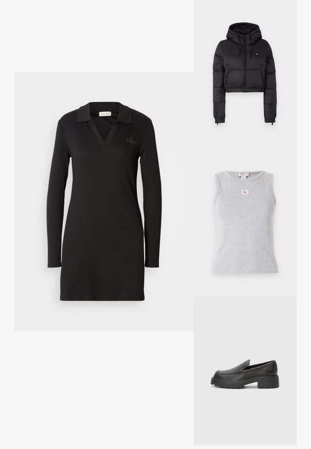Fekete, rövidített puffertakaró kabát kapucnival, elülső cipzárral, két oldalsó zsebbel és elasztikus aljjal. Sima textúra, minimális márkázással.; Szürke, ujjatlan felső bordás anyagból, kerek nyakkivágással és egy kis CK logós címkével az elején. Egyszerű és testhezálló dizájn.; Fekete, hosszú ujjú pólóruha V-nyakkal, bordázott textúrával és finom logóval a bal mellején. Puha pamut keverék anyag.; Fekete bőr loafer cipők kerek orral, vastag, texturált talppal és minimális varrási részletekkel. Áramvonalas dizájn, látható fűzők vagy fém részek nélkül.