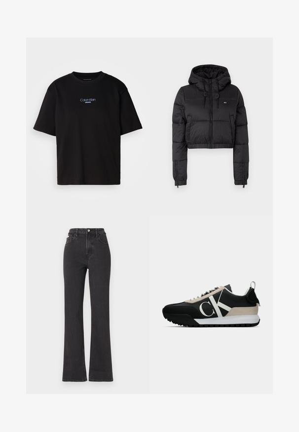 Černá zkrácená puffer bunda s kapucí, vybavená předním zipem, dvěma bočními kapsami a elastickým lemem. Hladká textura s minimálním značením.; Černé bavlněné tričko s kulatým výstřihem a krátkými rukávy, s modrou vyšitou nášivkou "Calvin Klein JEANS" na přední straně.; Černé vysoké rozšířené džíny z denimu, se zapínáním na knoflík, poutky na opasek a bočními kapsami. Hladká textura s minimálním vyblednutím.; Černé tenisky s béžovým semišovým akcentem, bílým logem, gumovou skluznicí a tkaničkami. Nabízejí odolný svršek a poutko na patě.