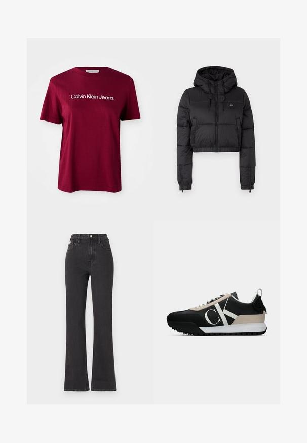 Jaqueta corta puffer preta com capuz, apresentando um fecho frontal, dois bolsos laterais e uma bainha elástica. Textura suave com mínima marcação.; T-shirt de algodão cor burgundy com mangas curtas, apresentando um logótipo branco "Calvin Klein Jeans" no peito e um decote redondo clássico.; Jeans flared pretos de cintura alta feitos de denim, com fecho de botão, passadores para cinto e bolsos laterais. Textura suave com desbotamento mínimo.; Sapatilha preta com um detalhe em camurça bege, logo branco, sola de borracha e atacadores. Possui um cabedal durável e uma alça na parte de trás.