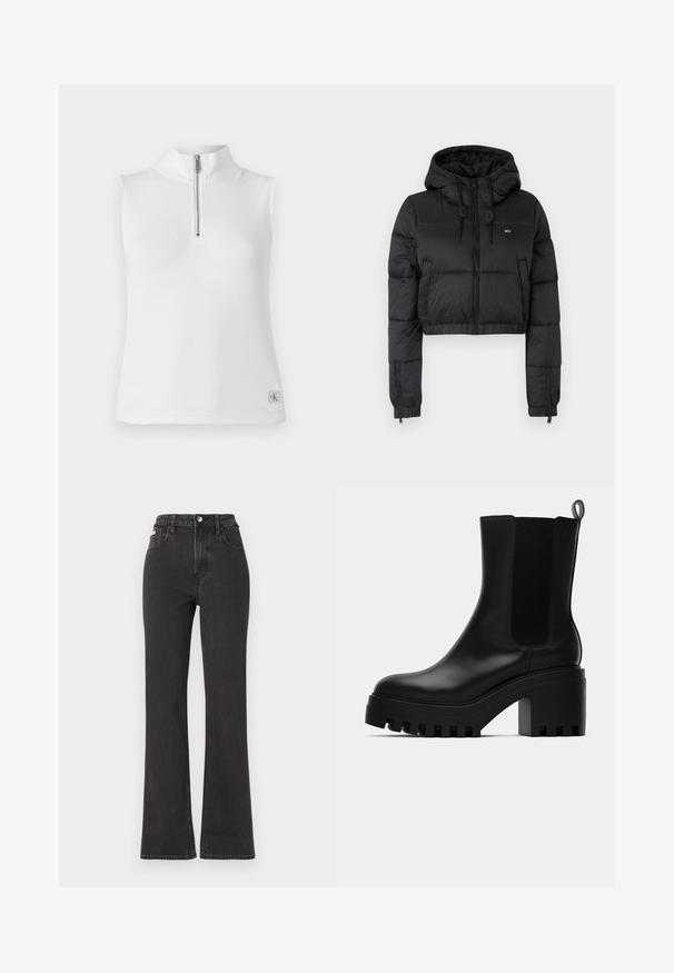 Must musta puffer jakk, millel on kapuuts, esiküljel lukuga kinni, kahes külg taskus ja elastne alläär. Sile tekstuur, minimaalne bränding.; Valge hõlmikuga tipp, millel on püstine krae ja poolne lukk. Omab ribakujulist tekstuuri ja väikest bränditud sildit alläärs.; Mustad kõrge vöökohaga laienevad teksapüksid, mis on valmistatud denimist, varustatud nööbiga kinnitamise, vöörihmade ja küljetaskutega. Sile tekstuur minimaalse pleekimisega.; Mustad must jalatsid mustast nahast, ümmarguse varbaga, tükilisest platvormist ja võrgupoolsest aksendist. Omab tõmbeauku mugavaks jalga panemiseks.