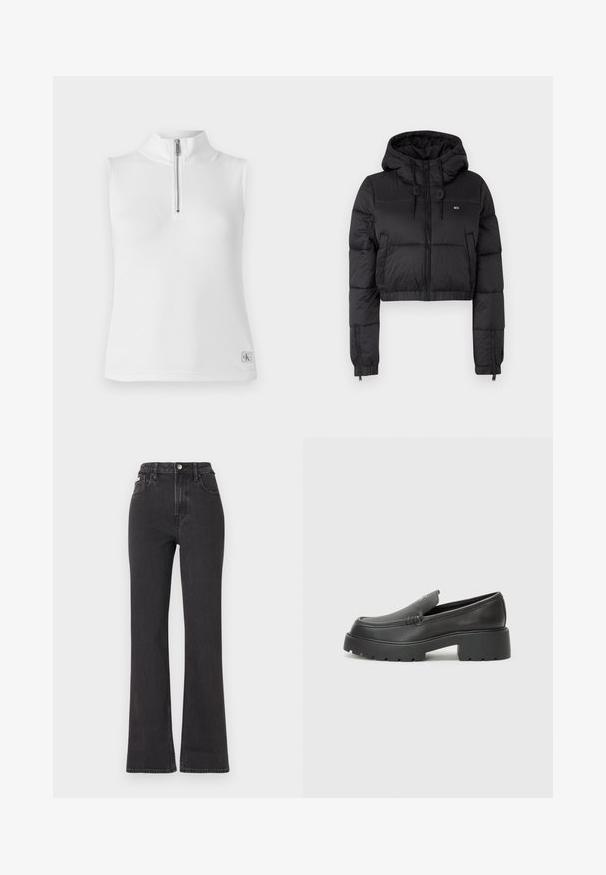 Jaqueta corta puffer preta com capuz, apresentando um fecho frontal, dois bolsos laterais e uma bainha elástica. Textura suave com mínima marcação.; T-shirt branca sem mangas com colarinho alto e um fecho de meio zíper. Apresenta textura canelada e uma pequena etiqueta de marca na bainha.; Jeans flared pretos de cintura alta feitos de denim, com fecho de botão, passadores para cinto e bolsos laterais. Textura suave com desbotamento mínimo.; Mocassins de couro preto com bico arredondado, sola espessa e texturizada, e detalhes de costura minimalistas. Design elegante sem atacadores ou ferragens visíveis.