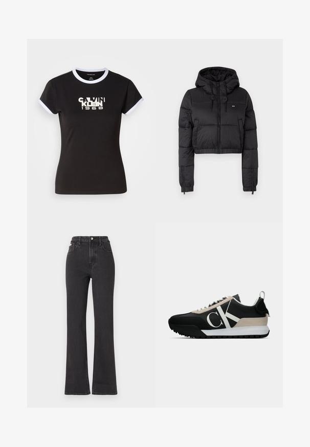 Jaqueta corta puffer preta com capuz, apresentando um fecho frontal, dois bolsos laterais e uma bainha elástica. Textura suave com mínima marcação.; T-shirt preta com detalhes ringer brancos, apresentando um gráfico ousado da Calvin Klein 1968 no centro. Feita de algodão, com mangas curtas.; Jeans flared pretos de cintura alta feitos de denim, com fecho de botão, passadores para cinto e bolsos laterais. Textura suave com desbotamento mínimo.; Sapatilha preta com um detalhe em camurça bege, logo branco, sola de borracha e atacadores. Possui um cabedal durável e uma alça na parte de trás.