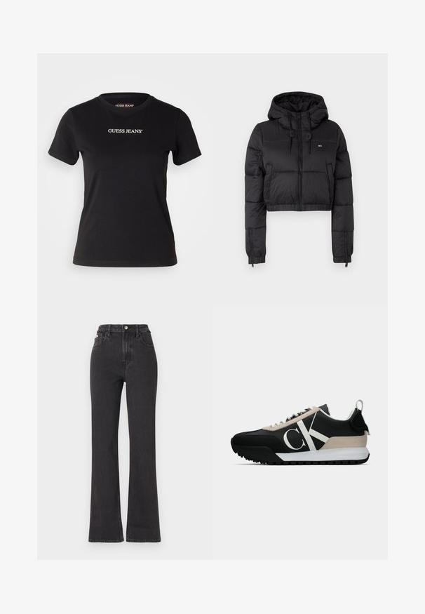Jaqueta corta puffer preta com capuz, apresentando um fecho frontal, dois bolsos laterais e uma bainha elástica. Textura suave com mínima marcação.; T-shirt de algodão preto com formato justo, mangas curtas e decote redondo. Apresenta o logo branco "GUESS JEANS" na parte da frente.; Jeans flared pretos de cintura alta feitos de denim, com fecho de botão, passadores para cinto e bolsos laterais. Textura suave com desbotamento mínimo.; Sapatilha preta com um detalhe em camurça bege, logo branco, sola de borracha e atacadores. Possui um cabedal durável e uma alça na parte de trás.