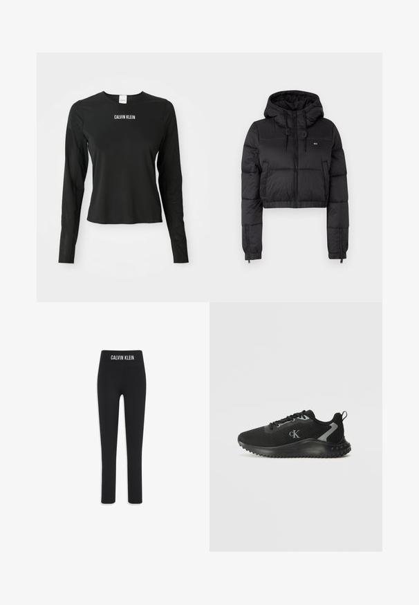 Jacheta scurtă din fâș neagră cu glugă, având un fermoar frontal, două buzunare laterale și o margine elastică. Textură netedă cu branding minim.; Top din plasă cu mânecă lungă, negru, cu decolteu rotund, având logo-ul alb "CALVIN KLEIN" centrat pe piept.; Leggings negre din material elastic, cu o talie lată pe care este înscris logo-ul "CALVIN KLEIN", croială slim fit și lungime până la gleznă.; Adidași negri, cu talpă joasă, dintr-un material respirabil, cu șireturi, talpă texturată și logo-ul "cK" pe lateral.