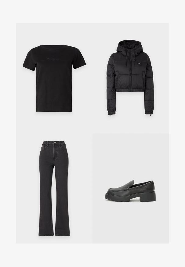 Fekete, rövidített puffertakaró kabát kapucnival, elülső cipzárral, két oldalsó zsebbel és elasztikus aljjal. Sima textúra, minimális márkázással.; Fekete pamut póló kerek nyakkivágással és rövid ujjakkal. Diszkrét szürke logó látható a mellkas területén.; Fekete, magas derekú, trapéz fazonú farmernadrág, gombos záródással, övrésszel és oldalsó zsebekkel. Sima textúrájú, minimális kopással.; Fekete bőr loafer cipők kerek orral, vastag, texturált talppal és minimális varrási részletekkel. Áramvonalas dizájn, látható fűzők vagy fém részek nélkül.