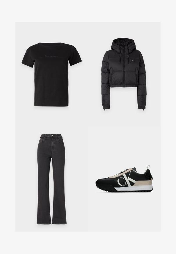 Čierna skrátená puffer bunda s kapucňou, s predným zipsom, dvoma bočnými vreckami a elastickým lemom. Hladká textúra s minimálnym brandingom.; Čierne bavlnené tričko s okrúhlym výstrihom a krátkymi rukávmi. Obsahuje jemné označenie v šedej farbe na oblasti hrude.; Čierne džíny s vysokým pásom a rozšírenými nohavicami vyrobené z denimu, s gombíkovým zapínaním, pútkami na opasok a bočnými vreckami. Hladká textúra s minimálnym ošúchaním.; Čierne tenisky s béžovým semišovým akcentom, bielym logom, gumovou podrážkou a šnúrkami. Obsahujú odolný zvršok a pútko na päte.