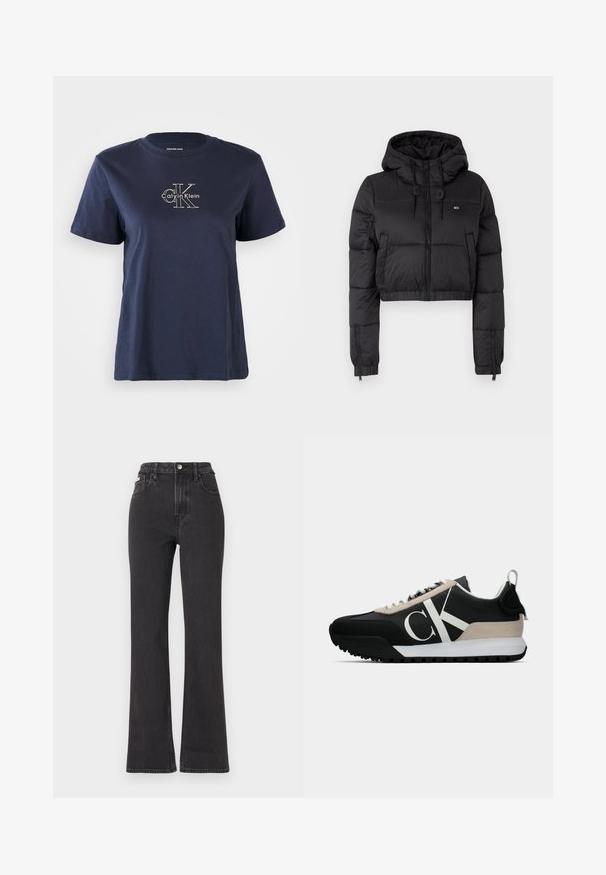 Čierna skrátená puffer bunda s kapucňou, s predným zipsom, dvoma bočnými vreckami a elastickým lemom. Hladká textúra s minimálnym brandingom.; Námornícky modré bavlnené tričko s krátkymi rukávmi, s malým bielym logom "Calvin Klein" v strede prednej časti. Krúžkový výstrih, voľný strih.; Čierne džíny s vysokým pásom a rozšírenými nohavicami vyrobené z denimu, s gombíkovým zapínaním, pútkami na opasok a bočnými vreckami. Hladká textúra s minimálnym ošúchaním.; Čierne tenisky s béžovým semišovým akcentom, bielym logom, gumovou podrážkou a šnúrkami. Obsahujú odolný zvršok a pútko na päte.