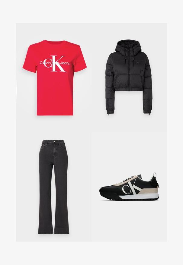 Sort cropped pufferjakke med hætte, der har lynlås foran, to sidelommer og elastisk kant. Glat tekstur med minimal branding.; Rød bomulds t-shirt med et stort hvidt "CK" logo på fronten, og teksten "Calvin Klein Jeans" nedenunder i et moderne skrifttype. Korte ærmer.; Sorte højtaljede flagrende jeans lavet af denim, med knaplukning, bæltestropper og sidelommer. Glat tekstur med minimal falming.; Sorte sneakers med en beige ruskindsaccent, hvidt logo, gummisål og snørebånd. Har en holdbar overdel og et trækstrop på hælen.