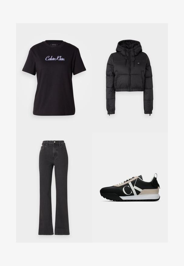 Czarna krótka kurtka puchowa z kapturem, z zamkiem błyskawicznym z przodu, dwoma bocznymi kieszeniami i elastycznym dołem. Gładka tekstura z minimalnym logo.; Czarna bawełniana koszulka z okrągłym dekoltem i krótkim rękawem. Z przodu znajduje się haftowane kursywą logo "Calvin Klein" w jasnofioletowym kolorze.; Czarne jeansy z wysokim stanem i rozszerzanym dołem, wykonane z denimu, z zapięciem na guzik, szlufkami na pasek oraz kieszeniami bocznymi. Gładka faktura z minimalnym przetarciem.; Czarna sneakersy z beżowym zamszowym akcentem, białym logo, gumową podeszwą i sznurówkami. Posiadają wytrzymałą cholewkę oraz pętlę na pięcie.
