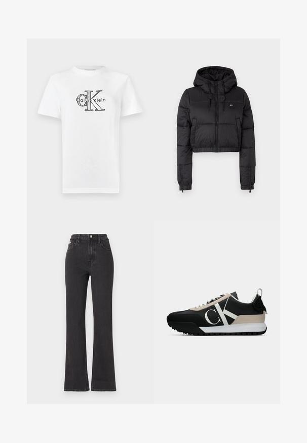 Fekete, rövidített puffertakaró kabát kapucnival, elülső cipzárral, két oldalsó zsebbel és elasztikus aljjal. Sima textúra, minimális márkázással.; Fehér pamut póló fekete "Calvin Klein" logóval, amelyen jól láthatóan megjelenik a "CK" monogram. Rövid ujjú és klasszikus kerek nyakú kialakítás.; Fekete, magas derekú, trapéz fazonú farmernadrág, gombos záródással, övrésszel és oldalsó zsebekkel. Sima textúrájú, minimális kopással.; Fekete sportcipő bézs velúr kiegészítővel, fehér logóval, gumitalppal és fűzőkkel. Tartós felsőrésszel és húzófüllel rendelkezik a sarkán.