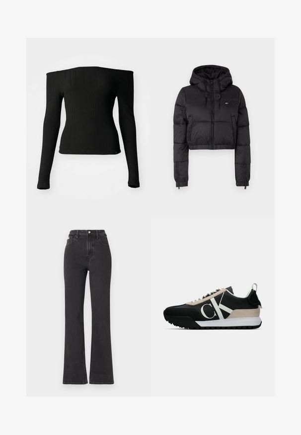 Czarna krótka kurtka puchowa z kapturem, z zamkiem błyskawicznym z przodu, dwoma bocznymi kieszeniami i elastycznym dołem. Gładka tekstura z minimalnym logo.; Czarna, długi rękaw top wykonany z prążkowanego materiału, z dekoltem typu off-the-shoulder, dopasowanym krojem i prostym wykończeniem. Dyskretna metka z logo na dole.; Czarne jeansy z wysokim stanem i rozszerzanym dołem, wykonane z denimu, z zapięciem na guzik, szlufkami na pasek oraz kieszeniami bocznymi. Gładka faktura z minimalnym przetarciem.; Czarna sneakersy z beżowym zamszowym akcentem, białym logo, gumową podeszwą i sznurówkami. Posiadają wytrzymałą cholewkę oraz pętlę na pięcie.