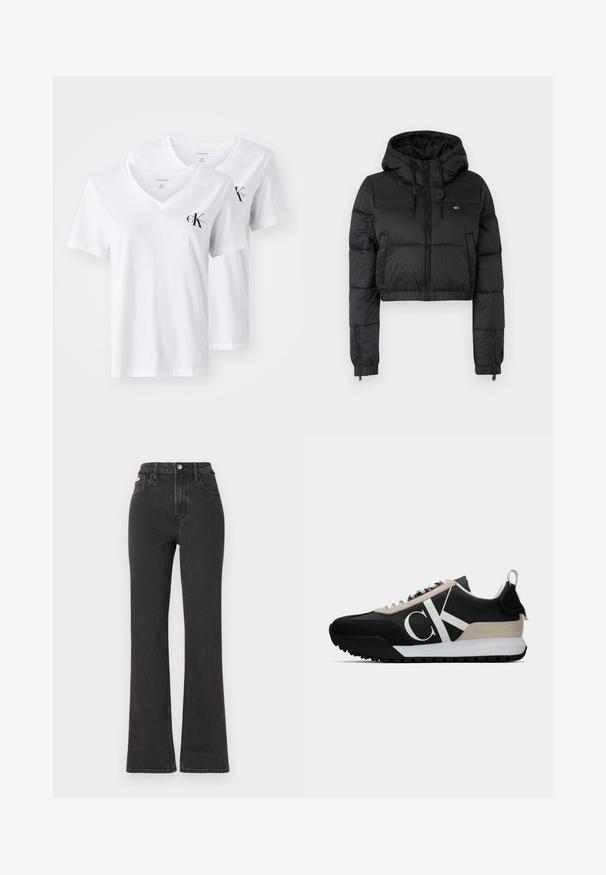 Black cropped puffer jacket with a hood, featuring a front zipper, two side pockets, and an elastic hem. Smooth texture with minimal branding.; Two white cotton v-neck t-shirts featuring short sleeves and a small black 'Calvin Klein' logo on the left chest area.; Black high-waisted flared jeans made of denim, featuring a button closure, belt loops, and side pockets. Smooth texture with minimal fading.; Black sneaker with a beige suede accent, white logo, rubber sole, and laces. Features a durable upper and a pull tab on the heel.
