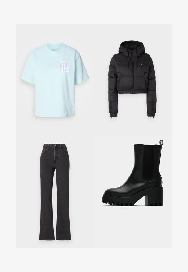 Must musta puffer jakk, millel on kapuuts, esiküljel lukuga kinni, kahes külg taskus ja elastne alläär. Sile tekstuur, minimaalne bränding.; Hele sinine puuvillane T-särk ümarate kaelustega ja lühikeste varrukatega. Esiküljel on graafiline disain, kus on kirjas "Calvin Klein" lillaga.; Mustad kõrge vöökohaga laienevad teksapüksid, mis on valmistatud denimist, varustatud nööbiga kinnitamise, vöörihmade ja küljetaskutega. Sile tekstuur minimaalse pleekimisega.; Mustad must jalatsid mustast nahast, ümmarguse varbaga, tükilisest platvormist ja võrgupoolsest aksendist. Omab tõmbeauku mugavaks jalga panemiseks.