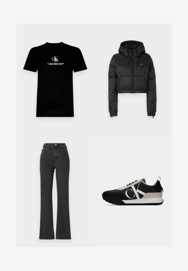 Juodas trumpas pūkinis džemperis su gobtuvu, su priekine užtrauktuku, dviem šoninėmis kišenėmis ir elastingu apačiu. Lygi tekstūra su minimaliu ženklinimu.; Juodas medvilninis marškinėliai trumpomis rankovėmis su baltu ir auksiniu "CK" logotipu bei "Calvin Klein Jeans" užrašu priekyje. Standartinio kirpimo.; Juodi aukštu liemeniu platėjantys džinsai, pagaminti iš džinsinio audinio, su mygtuko uždarymu, diržo kilpomis ir šoninėmis kišenėmis. Lygus paviršius su minimaliais išblukimais.; Juodos sportinės bateliai su smėlio spalvos zomšiniu akcentu, balta logo, guminis padas ir raišteliai. Yra tvirta viršutinė dalis ir kilpos užtraukimui ant kulno.
