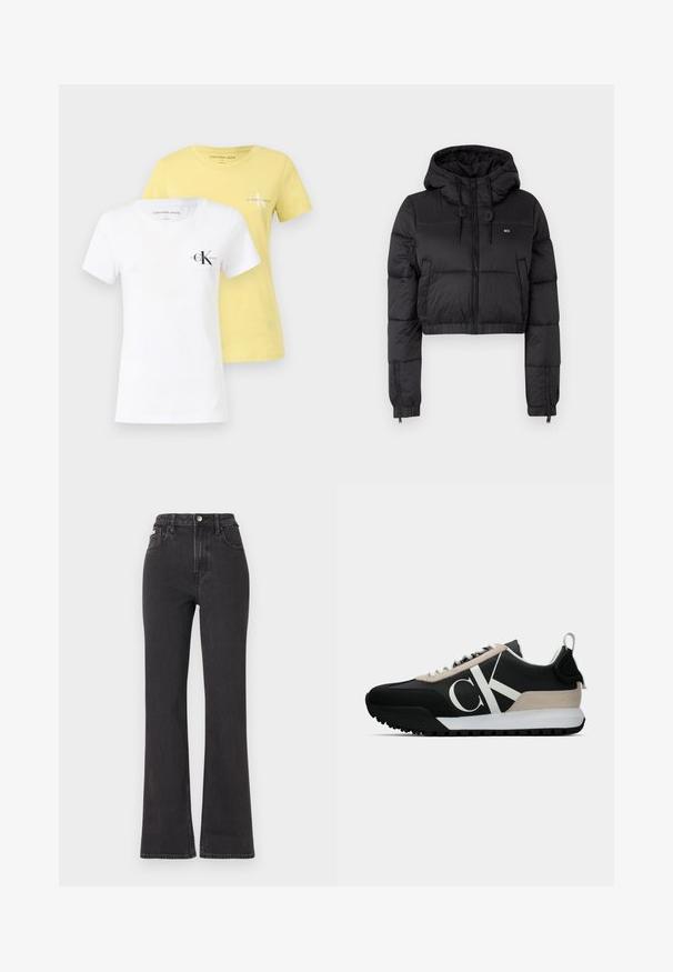 Jaqueta corta puffer preta com capuz, apresentando um fecho frontal, dois bolsos laterais e uma bainha elástica. Textura suave com mínima marcação.; Duas t-shirts: uma branca e uma amarela, ambas de manga curta e com decote redondo. Cada uma apresenta o logótipo "Calvin Klein Jeans" no peito.; Jeans flared pretos de cintura alta feitos de denim, com fecho de botão, passadores para cinto e bolsos laterais. Textura suave com desbotamento mínimo.; Sapatilha preta com um detalhe em camurça bege, logo branco, sola de borracha e atacadores. Possui um cabedal durável e uma alça na parte de trás.