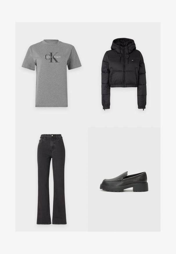 Jacheta scurtă din fâș neagră cu glugă, având un fermoar frontal, două buzunare laterale și o margine elastică. Textură netedă cu branding minim.; Tricou din bumbac gri cu guler rotund, mâneci scurte, având un logo negru „CK” și textul „Calvin Klein” în alb.; Jeans negre cu talie înaltă, evazate, din denim, cu închidere prin buton, bucle pentru curea și buzunare laterale. Textură netedă, cu decolorare minimă.; Mocasini din piele neagră, cu vârf rotunjit, talpă groasă texturată și detalii minimale de cusătură. Design elegant, fără șireturi sau accesorii vizibile.