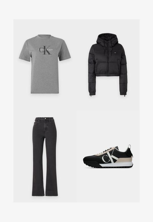 Must musta puffer jakk, millel on kapuuts, esiküljel lukuga kinni, kahes külg taskus ja elastne alläär. Sile tekstuur, minimaalne bränding.; Hallide halli puuvillane T-särk ümmarguse kaelusega, lühikeste varrukatega, millel on must "CK" logo ja valge "Calvin Klein" tekst.; Mustad kõrge vöökohaga laienevad teksapüksid, mis on valmistatud denimist, varustatud nööbiga kinnitamise, vöörihmade ja küljetaskutega. Sile tekstuur minimaalse pleekimisega.; Mustan värvi tennised, millel on beeži nubukist aktsent, valge logo, kummist tallad ja paelad. Omab vastupidavat pealist ja tõmbeosa kannal.