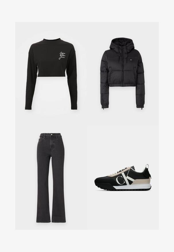 Black cropped puffer jacket with a hood, featuring a front zipper, two side pockets, and an elastic hem. Smooth texture with minimal branding.; Black long-sleeve crop top made of soft cotton, featuring a high neckline and a white logo on the left chest area.; Black high-waisted flared jeans made of denim, featuring a button closure, belt loops, and side pockets. Smooth texture with minimal fading.; Black sneaker with a beige suede accent, white logo, rubber sole, and laces. Features a durable upper and a pull tab on the heel.