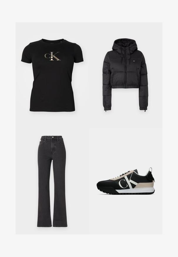 Jaqueta corta puffer preta com capuz, apresentando um fecho frontal, dois bolsos laterais e uma bainha elástica. Textura suave com mínima marcação.; T-shirt de algodão preta com um logo "ck" metálico em prata na frente. Mangas curtas e decote redondo. Textura suave.; Jeans flared pretos de cintura alta feitos de denim, com fecho de botão, passadores para cinto e bolsos laterais. Textura suave com desbotamento mínimo.; Sapatilha preta com um detalhe em camurça bege, logo branco, sola de borracha e atacadores. Possui um cabedal durável e uma alça na parte de trás.