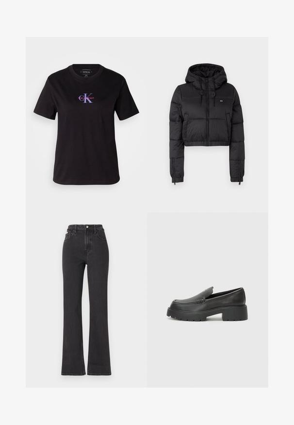 Črna skrajšana puffer jakna s kapuco, z zadrgo spredaj, dvema stranskima žepoma in elastičnim robom. Gladka tekstura z minimalnim logotipom.; Črna bombažna majica s krožnim izrezom. Ima spredaj logotip v vijolični in rdeči barvi. Kratke rokave z ohlapnim krojem.; Črne kavbojke s visokim pasom in razširjenimi hlačnicami, narejene iz denima, z gumbom za zapiranje, zankami za pas in stranskimi žepi. Gladka tekstura z minimalnim bledenjem.; Črne usnjene loafers čevlje z zaobljenim nosom, debelim teksturiranim podplatom in minimalnimi šivi. Elegantna zasnova brez vidnih vezalk ali kovinskih delov.