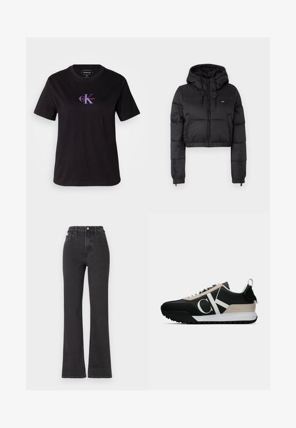 Černá zkrácená puffer bunda s kapucí, vybavená předním zipem, dvěma bočními kapsami a elastickým lemem. Hladká textura s minimálním značením.; Černé bavlněné tričko s kulatým výstřihem. Na přední straně se nachází logo v purpurové a červené barvě. Krátké rukávy a volný střih.; Černé vysoké rozšířené džíny z denimu, se zapínáním na knoflík, poutky na opasek a bočními kapsami. Hladká textura s minimálním vyblednutím.; Černé tenisky s béžovým semišovým akcentem, bílým logem, gumovou skluznicí a tkaničkami. Nabízejí odolný svršek a poutko na patě.