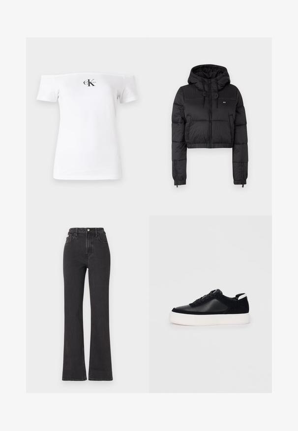 Čierna skrátená puffer bunda s kapucňou, s predným zipsom, dvoma bočnými vreckami a elastickým lemom. Hladká textúra s minimálnym brandingom.; Biela tričko bez ramienok, krátke rukávy, bavlnený materiál, s čiernym logom "CK" a textom potlačeným na prednej strane. Hladká textúra.; Čierne džíny s vysokým pásom a rozšírenými nohavicami vyrobené z denimu, s gombíkovým zapínaním, pútkami na opasok a bočnými vreckami. Hladká textúra s minimálnym ošúchaním.; Čierne tenisky s hladkou kožou a semišovými panelmi, plochými šnúrkami, zaoblenou špičkou a bielou gumovou podrážkou. Výrazné logo na päte.
