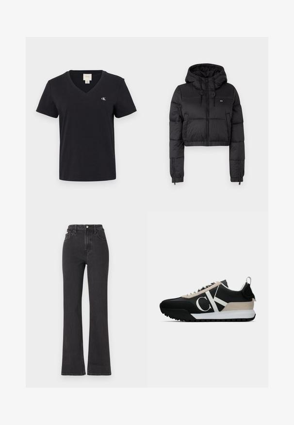 Zwarte cropped pufferjack met capuchon, voorzien van een ritssluiting aan de voorkant, twee zijzakken en een elastische zoom. Glad textuur met minimale branding.; Zwarte katoenen V-hals T-shirt met korte mouwen, met een klein wit "ck" logo op de linkerborst. Eenvoudig, klassiek ontwerp.; Zwarte hoge taille flared jeans van denim, met een knoopsluiting, riemlussen en zijzakken. Gladde textuur met minimale vervaging.; Zwarte sneaker met een beige suède accent, wit logo, rubberen zool en veters. Heeft een duurzame bovenkant en een trekstrip aan de hiel.