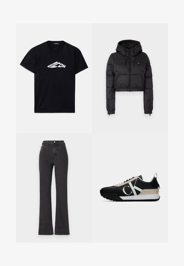 Černá zkrácená puffer bunda s kapucí, vybavená předním zipem, dvěma bočními kapsami a elastickým lemem. Hladká textura s minimálním značením.; Černé bavlněné tričko s krátkým rukávem a kulatým výstřihem. Na přední straně má bílé grafické logo „DSQUARED2 CDN“. ; Černé vysoké rozšířené džíny z denimu, se zapínáním na knoflík, poutky na opasek a bočními kapsami. Hladká textura s minimálním vyblednutím.; Černé tenisky s béžovým semišovým akcentem, bílým logem, gumovou skluznicí a tkaničkami. Nabízejí odolný svršek a poutko na patě.