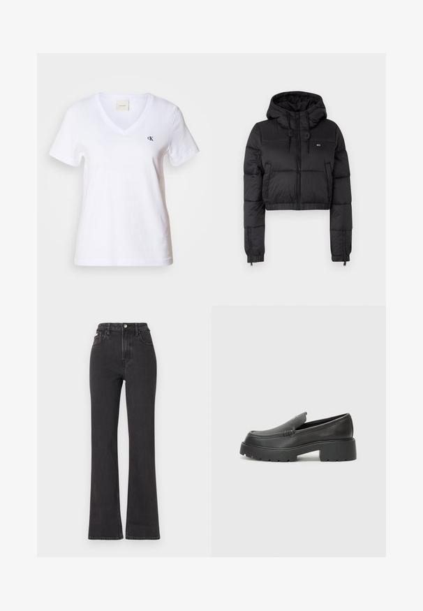 Czarna krótka kurtka puchowa z kapturem, z zamkiem błyskawicznym z przodu, dwoma bocznymi kieszeniami i elastycznym dołem. Gładka tekstura z minimalnym logo.; Biała bawełniana koszulka z krótkim rękawem i dekoltem w kształcie litery V, z małym czarnym logo "CK" na lewej piersi. Gładka faktura i klasyczny design.; Czarne jeansy z wysokim stanem i rozszerzanym dołem, wykonane z denimu, z zapięciem na guzik, szlufkami na pasek oraz kieszeniami bocznymi. Gładka faktura z minimalnym przetarciem.; Czarne skórzane mokasyny z zaokrąglonym noskiem, grubą fakturowaną podeszwą oraz minimalnymi detalami szycia. Elegancki design bez widocznych sznurowadeł czy elementów metalowych.