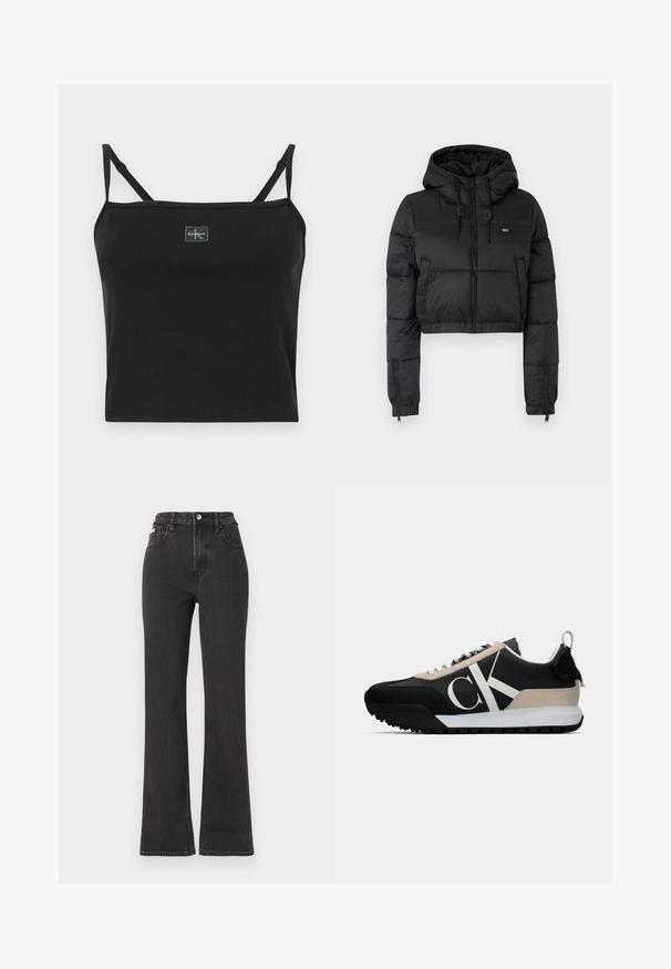 Giacca a vento cropped nera con cappuccio, dotata di chiusura frontale con zip, due tasche laterali e orlo elasticizzato. Texture liscia con branding minimale.; Top corto nero a costine con spalline sottili e scollatura quadrata. Presenta un piccolo logo sul davanti. Materiale in misto cotone, design aderente.; Jeans neri a vita alta e a zampa d'elefante in denim, con chiusura a bottoni, passanti per cintura e tasche laterali. Texture liscia con minimal fading.; Sneaker nera con un accento in suede beige, logo bianco, suola in gomma e lacci. Presenta una tomaia durevole e un'etichetta sul tallone.