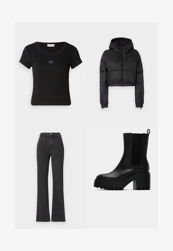 Černá zkrácená puffer bunda s kapucí, vybavená předním zipem, dvěma bočními kapsami a elastickým lemem. Hladká textura s minimálním značením.; Černé tričko s krátkým rukávem a žebrovanou texturou, s malou nášivkou loga na hrudi a kulatým výstřihem.; Černé vysoké rozšířené džíny z denimu, se zapínáním na knoflík, poutky na opasek a bočními kapsami. Hladká textura s minimálním vyblednutím.; Černá kožená kotníková bota s kulatou špičkou, masivní platformou a bočními síťovými detaily. Obsahuje poutko pro snadné obouvání.