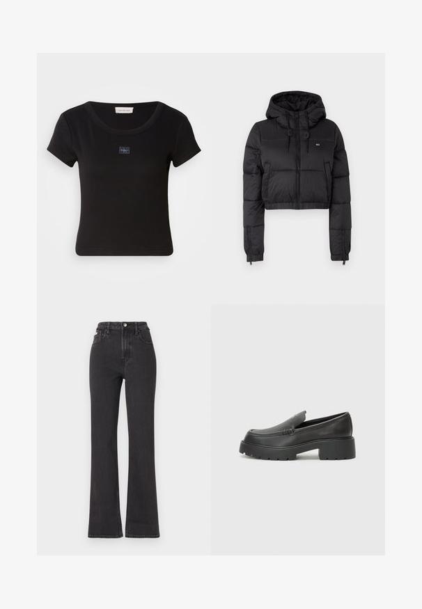Čierna skrátená puffer bunda s kapucňou, s predným zipsom, dvoma bočnými vreckami a elastickým lemom. Hladká textúra s minimálnym brandingom.; Čierne tričko s krátkym rukávom a ryhovanou textúrou, na hrudi so malou nášivkou a okrúhlym výstrihom.; Čierne džíny s vysokým pásom a rozšírenými nohavicami vyrobené z denimu, s gombíkovým zapínaním, pútkami na opasok a bočnými vreckami. Hladká textúra s minimálnym ošúchaním.; Čierne kožené mokasíny s okrúhlou špičkou, hrubou textúrovanou podrážkou a minimom stehovej výzdoby. Štíhly dizajn bez viditeľných šnúr alebo kovania.
