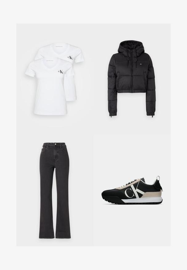Juodas trumpas pūkinis džemperis su gobtuvu, su priekine užtrauktuku, dviem šoninėmis kišenėmis ir elastingu apačiu. Lygi tekstūra su minimaliu ženklinimu.; Balti, trumpas rankovėmis V-kaklo marškiniai su prigludusiu dizainu. Kairiajame krūtinės kampe yra juodas Calvin Klein Jeans logotipas. Minkšta medvilnė.; Juodi aukštu liemeniu platėjantys džinsai, pagaminti iš džinsinio audinio, su mygtuko uždarymu, diržo kilpomis ir šoninėmis kišenėmis. Lygus paviršius su minimaliais išblukimais.; Juodos sportinės bateliai su smėlio spalvos zomšiniu akcentu, balta logo, guminis padas ir raišteliai. Yra tvirta viršutinė dalis ir kilpos užtraukimui ant kulno.