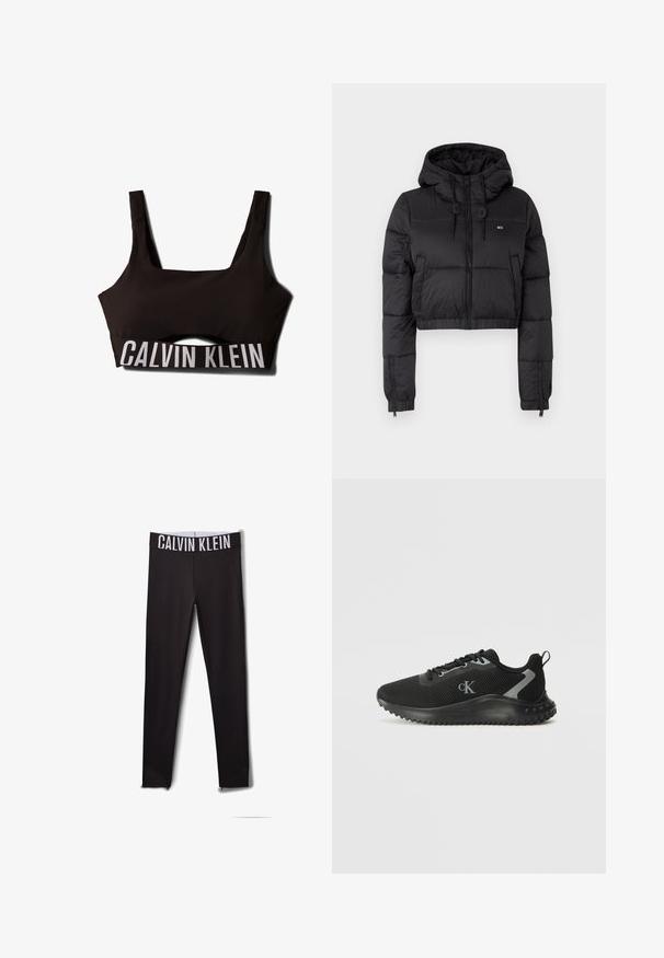 Fekete, rövidített puffertakaró kabát kapucnival, elülső cipzárral, két oldalsó zsebbel és elasztikus aljjal. Sima textúra, minimális márkázással.; Fekete sportmelltartó négyzet alakú kivágással és széles pántokkal. Texturált felső része van, és a pánton kontrasztos fehér "CALVIN KLEIN" logó található.; Fekete leggings fehér "CALVIN KLEIN" logóval a derékrészen. Simára megmunkált anyag, testhezálló kialakítás, hálós betétekkel a bokáknál.; Fekete, alacsony szárú sportcipő, lélegző hálós anyagból, fűzős kivitel, texturált talppal és oldalon található "cK" logóval.
