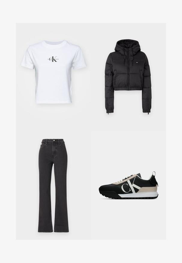 Jacheta scurtă din fâș neagră cu glugă, având un fermoar frontal, două buzunare laterale și o margine elastică. Textură netedă cu branding minim.; Tricou alb din bumbac, cu guler rotund și mâneci scurte. Prezintă un logo grafic de culoare neagră "CK" și "Calvin Klein Jeans" centrat pe față.; Jeans negre cu talie înaltă, evazate, din denim, cu închidere prin buton, bucle pentru curea și buzunare laterale. Textură netedă, cu decolorare minimă.; Pantofi sport negri cu un accent din suede bej, logo alb, talpă din cauciuc și șireturi. Prezintă o parte superioară durabilă și un tab de prindere la călcâi.