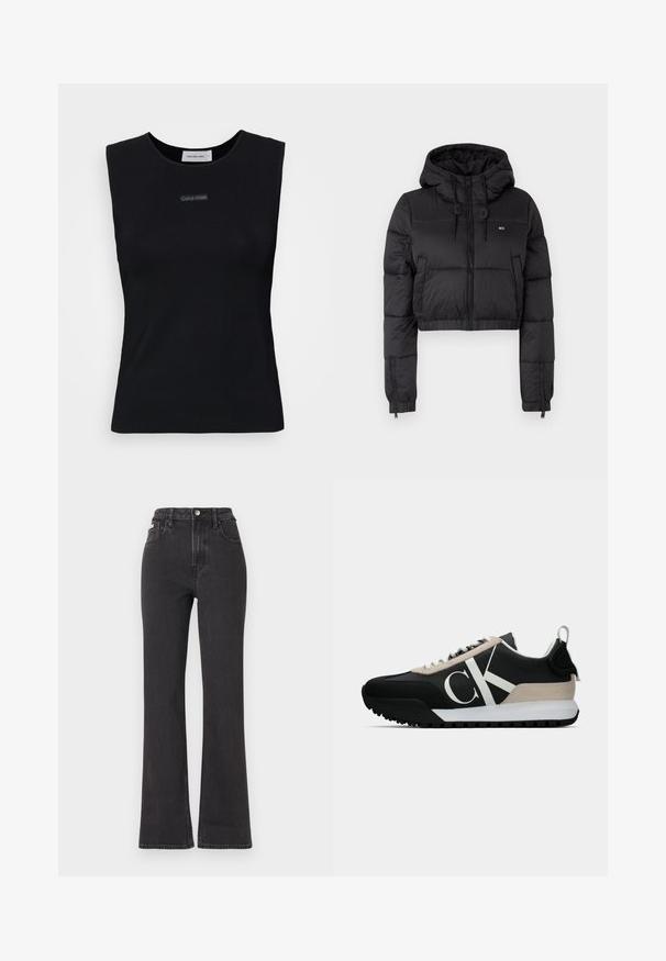 Must musta puffer jakk, millel on kapuuts, esiküljel lukuga kinni, kahes külg taskus ja elastne alläär. Sile tekstuur, minimaalne bränding.; Must suletud tipp, mis on valmistatud siledast kangast. Omab ümmargust kaelust ja keskel väikest Calvin Kleini logo. Lihtne ja järgnev disain.; Mustad kõrge vöökohaga laienevad teksapüksid, mis on valmistatud denimist, varustatud nööbiga kinnitamise, vöörihmade ja küljetaskutega. Sile tekstuur minimaalse pleekimisega.; Mustan värvi tennised, millel on beeži nubukist aktsent, valge logo, kummist tallad ja paelad. Omab vastupidavat pealist ja tõmbeosa kannal.