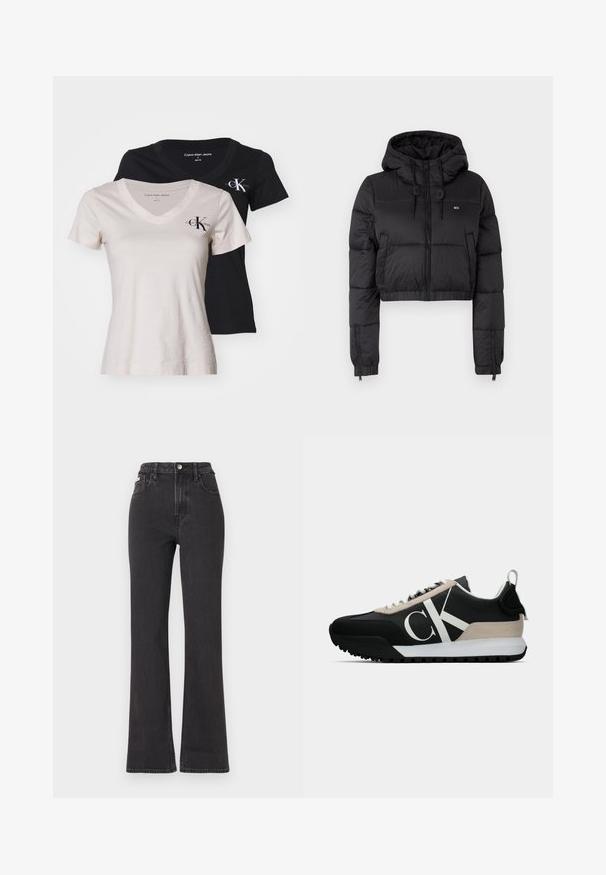Jacheta scurtă din fâș neagră cu glugă, având un fermoar frontal, două buzunare laterale și o margine elastică. Textură netedă cu branding minim.; Două tricouri cu guler în V: unul bej, unul negru. Ambele au mâneci scurte și un mic logo "CK" pe piept; fabricate dintr-un material din bumbac fin.; Jeans negre cu talie înaltă, evazate, din denim, cu închidere prin buton, bucle pentru curea și buzunare laterale. Textură netedă, cu decolorare minimă.; Pantofi sport negri cu un accent din suede bej, logo alb, talpă din cauciuc și șireturi. Prezintă o parte superioară durabilă și un tab de prindere la călcâi.