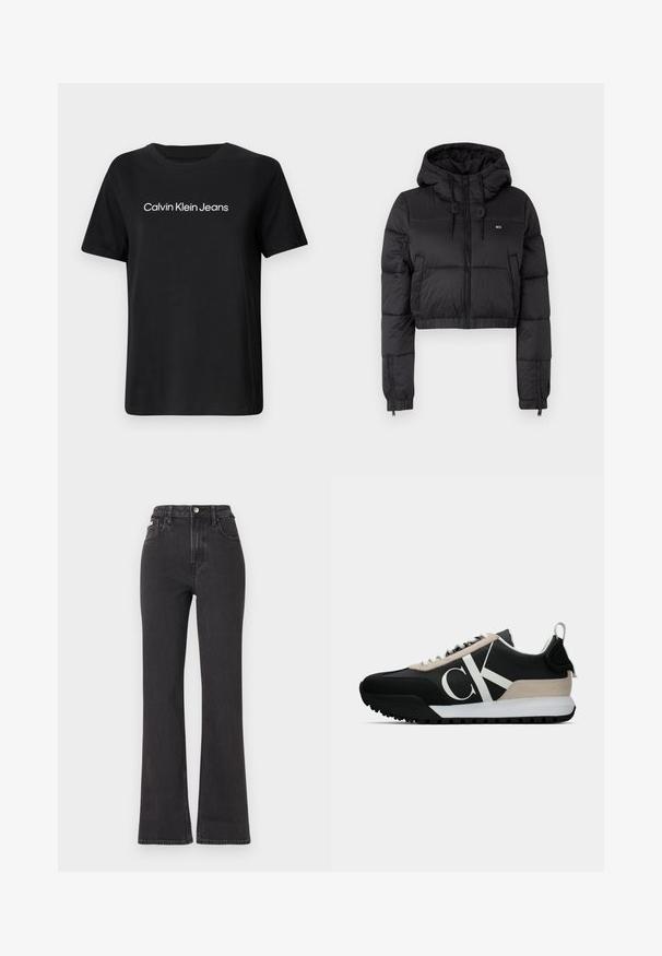 Jaqueta corta puffer preta com capuz, apresentando um fecho frontal, dois bolsos laterais e uma bainha elástica. Textura suave com mínima marcação.; T-shirt de algodão preto com mangas curtas e gola redonda. A parte da frente exibe "Calvin Klein Jeans" em texto branco. Textura suave.; Jeans flared pretos de cintura alta feitos de denim, com fecho de botão, passadores para cinto e bolsos laterais. Textura suave com desbotamento mínimo.; Sapatilha preta com um detalhe em camurça bege, logo branco, sola de borracha e atacadores. Possui um cabedal durável e uma alça na parte de trás.