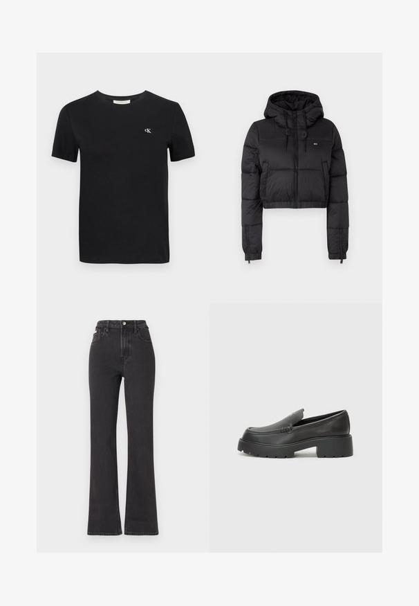 Čierna skrátená puffer bunda s kapucňou, s predným zipsom, dvoma bočnými vreckami a elastickým lemom. Hladká textúra s minimálnym brandingom.; Čierne bavlnené tričko s klasickým okrúhlym výstrihom, krátkymi rukávmi a malým bielym vyšívaným logom "ck" na hrudi.; Čierne džíny s vysokým pásom a rozšírenými nohavicami vyrobené z denimu, s gombíkovým zapínaním, pútkami na opasok a bočnými vreckami. Hladká textúra s minimálnym ošúchaním.; Čierne kožené mokasíny s okrúhlou špičkou, hrubou textúrovanou podrážkou a minimom stehovej výzdoby. Štíhly dizajn bez viditeľných šnúr alebo kovania.
