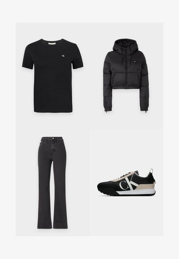 Čierna skrátená puffer bunda s kapucňou, s predným zipsom, dvoma bočnými vreckami a elastickým lemom. Hladká textúra s minimálnym brandingom.; Čierne bavlnené tričko s klasickým okrúhlym výstrihom, krátkymi rukávmi a malým bielym vyšívaným logom "ck" na hrudi.; Čierne džíny s vysokým pásom a rozšírenými nohavicami vyrobené z denimu, s gombíkovým zapínaním, pútkami na opasok a bočnými vreckami. Hladká textúra s minimálnym ošúchaním.; Čierne tenisky s béžovým semišovým akcentom, bielym logom, gumovou podrážkou a šnúrkami. Obsahujú odolný zvršok a pútko na päte.