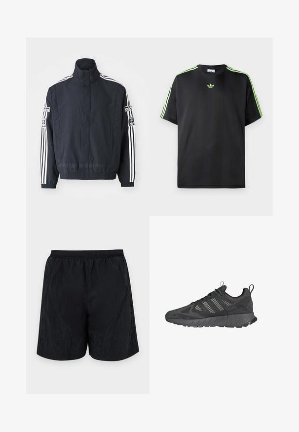 adidas Originals ADIBREAK - Jachetă de vânt - black; Tricou negru dintr-un material fin, cu guler rotund, având trei dungi verzi pe umeri și un mic logo verde pe piept.; Pantaloni scurți negri dintr-o țesătură ușoară și texturată, cu un tiv elastic și accente pe panourile laterale pentru un aspect aerisit.; Pantofi sport negri cu parte superioară din plasă și nubuc, talpă din cauciuc texturat, guler căptușit și un design distinctiv cu trei dungi gri.